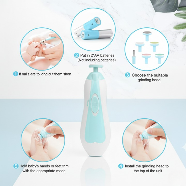 Instructional infographic for the electric baby nail trimmer, showing the steps to install batteries, choose the correct grinding head, and how to prepare long nails.