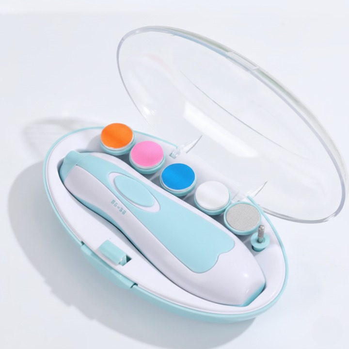 Full blue baby electric nail file and trimmer set, displayed inside its clear, open travel case with multiple colored sanding heads.