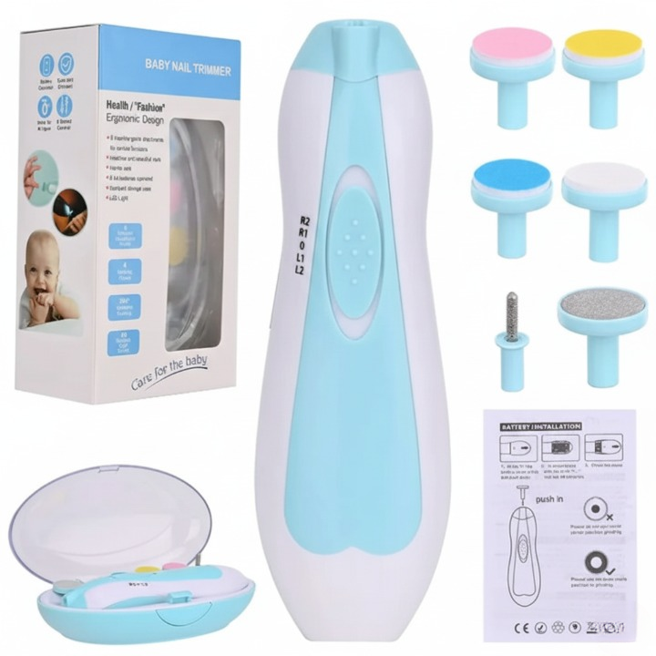 Complete electric baby nail trimmer set in blue and white, showing the handheld unit, open carrying case, six different grinding heads, product box, and instruction manual.