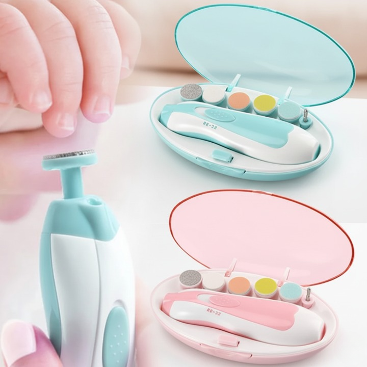 Pink and blue electric baby nail trimmer sets with open cases; includes a close-up of a parent's hand gently using the trimmer on an infant's tiny fingers.