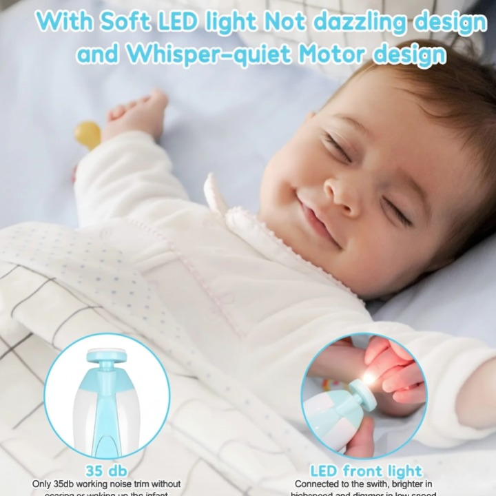 Lifestyle photo showing a sleeping infant while the whisper-quiet electric nail trimmer is gently used, highlighting the soft LED light and the 35db low-noise motor feature.