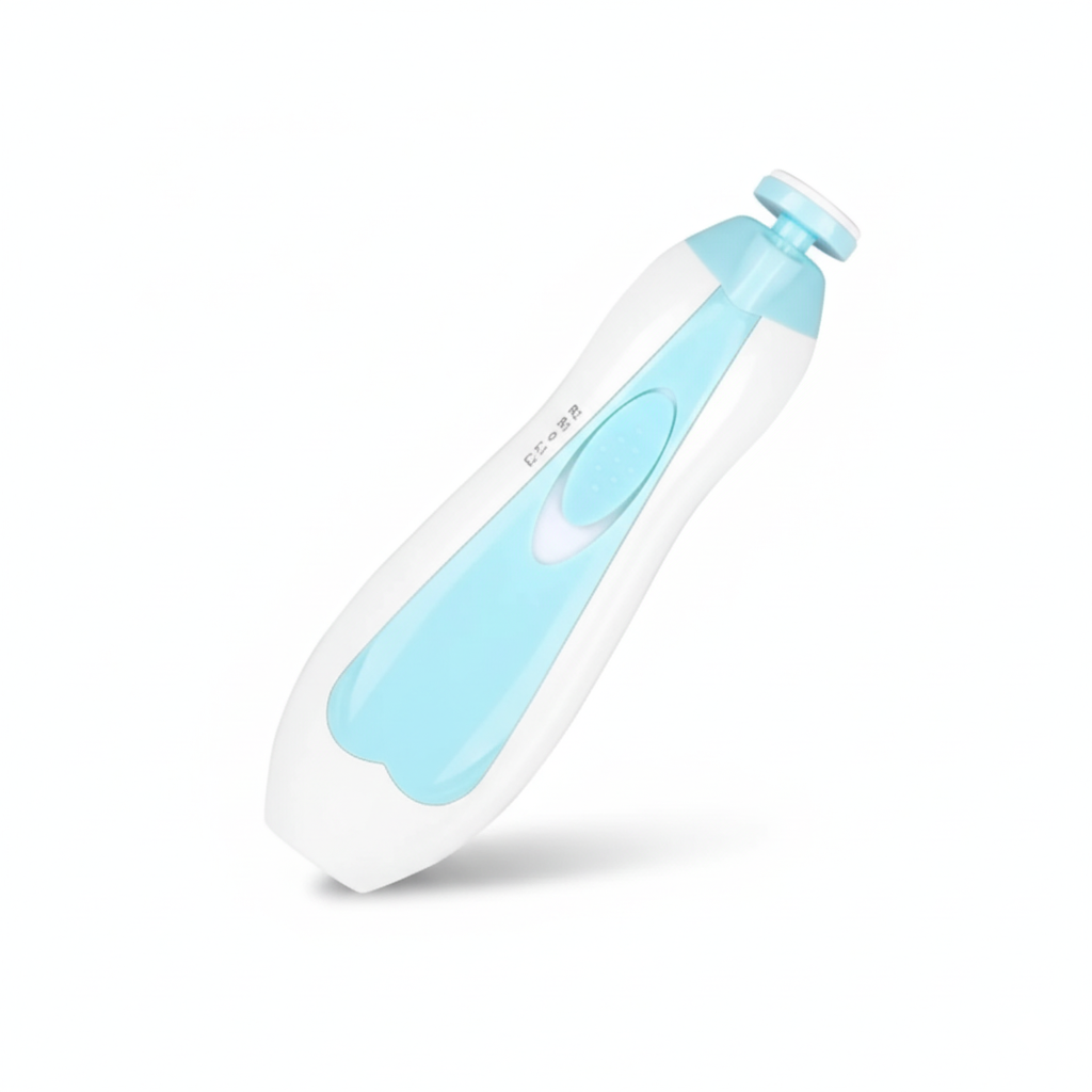 Electric baby nail trimmer and file in white and pastel blue, shown upright on a clean white background.