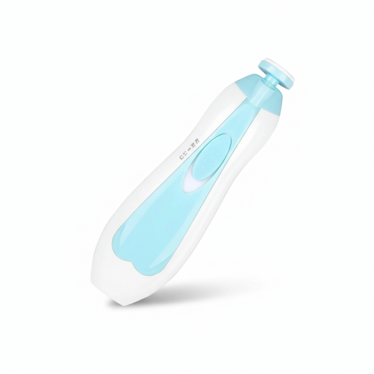 Electric baby nail trimmer and file in white and pastel blue, shown upright on a clean white background.