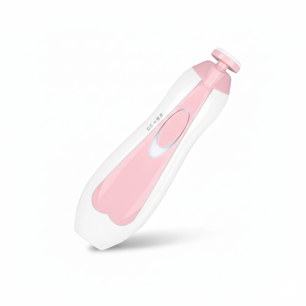 Electric baby nail file and trimmer in white and soft pink, shown tilted upwards on a pure white background.