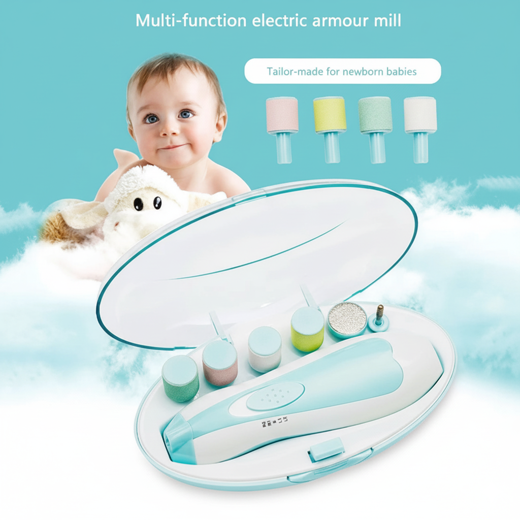 Lifestyle photo featuring a smiling baby next to the open electric nail trimmer set, showcasing the trimmer, carrying case, and different colored grinding heads for newborns.