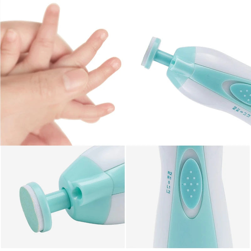 Four panel collage showing the features of the gentle blue baby nail trimmer, including a close-up of a baby's hand, the soft filing head, and the control buttons.